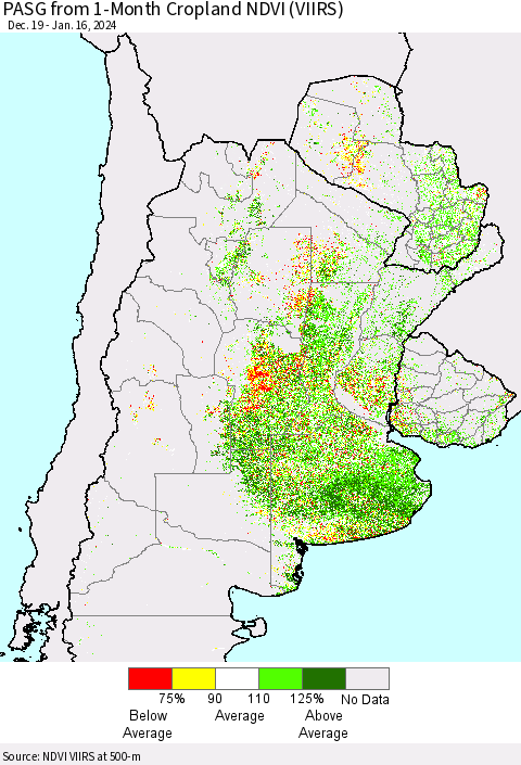 Southern South America PASG from 1-Month Cropland NDVI (VIIRS) Thematic Map For 1/9/2024 - 1/16/2024