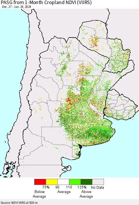Southern South America PASG from 1-Month Cropland NDVI (VIIRS) Thematic Map For 1/17/2024 - 1/24/2024