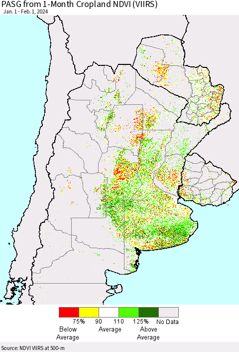 Southern South America PASG from 1-Month Cropland NDVI (VIIRS) Thematic Map For 1/25/2024 - 2/1/2024