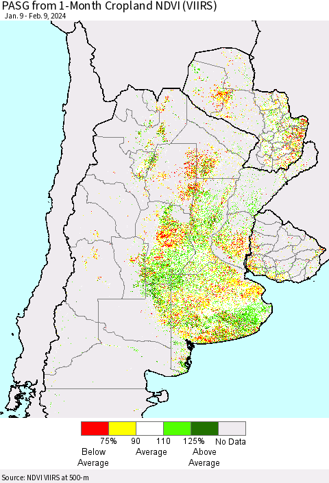 Southern South America PASG from 1-Month Cropland NDVI (VIIRS) Thematic Map For 2/2/2024 - 2/9/2024