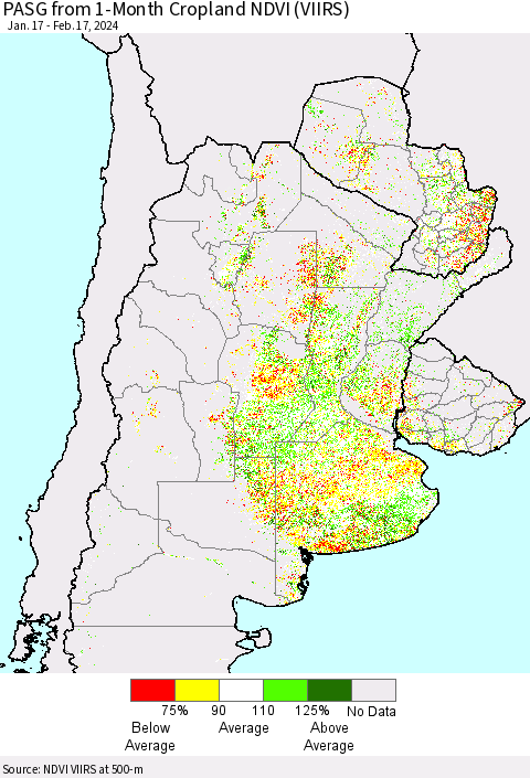 Southern South America PASG from 1-Month Cropland NDVI (VIIRS) Thematic Map For 2/10/2024 - 2/17/2024