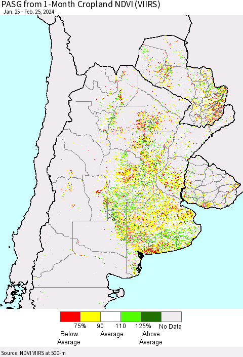 Southern South America PASG from 1-Month Cropland NDVI (VIIRS) Thematic Map For 2/18/2024 - 2/25/2024