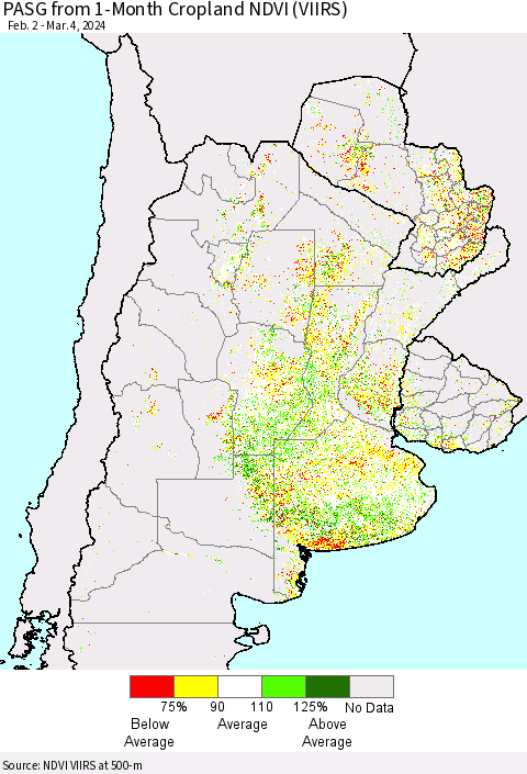 Southern South America PASG from 1-Month Cropland NDVI (VIIRS) Thematic Map For 2/26/2024 - 3/4/2024