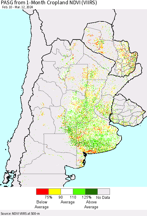 Southern South America PASG from 1-Month Cropland NDVI (VIIRS) Thematic Map For 3/5/2024 - 3/12/2024