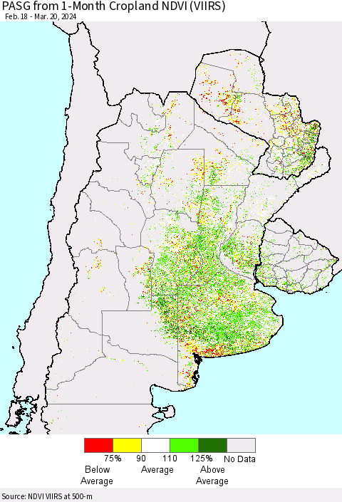 Southern South America PASG from 1-Month Cropland NDVI (VIIRS) Thematic Map For 3/13/2024 - 3/20/2024