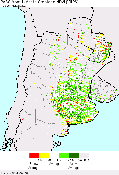 Southern South America PASG from 1-Month Cropland NDVI (VIIRS) Thematic Map For 3/21/2024 - 3/28/2024