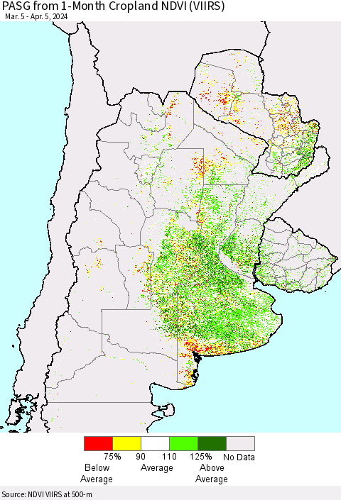 Southern South America PASG from 1-Month Cropland NDVI (VIIRS) Thematic Map For 3/29/2024 - 4/5/2024