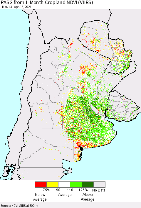 Southern South America PASG from 1-Month Cropland NDVI (VIIRS) Thematic Map For 4/6/2024 - 4/13/2024