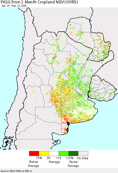 Southern South America PASG from 1-Month Cropland NDVI (VIIRS) Thematic Map For 5/8/2024 - 5/15/2024