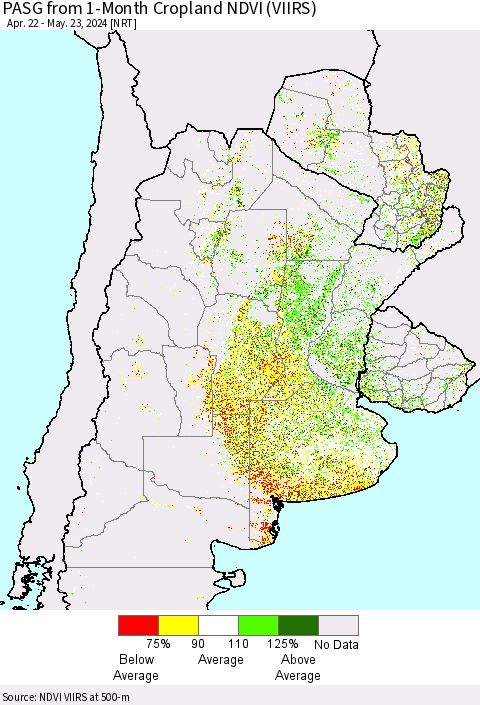 Southern South America PASG from 1-Month Cropland NDVI (VIIRS) Thematic Map For 5/16/2024 - 5/23/2024