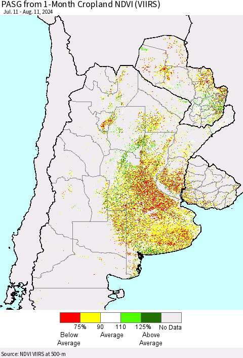 Southern South America PASG from 1-Month Cropland NDVI (VIIRS) Thematic Map For 8/4/2024 - 8/11/2024