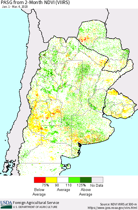 Southern South America PASG from 2-Month NDVI (VIIRS) Thematic Map For 3/1/2020 - 3/10/2020