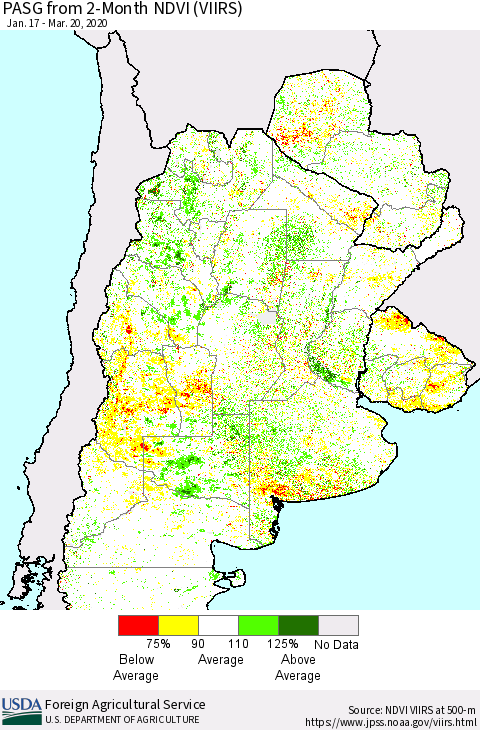 Southern South America PASG from 2-Month NDVI (VIIRS) Thematic Map For 3/11/2020 - 3/20/2020