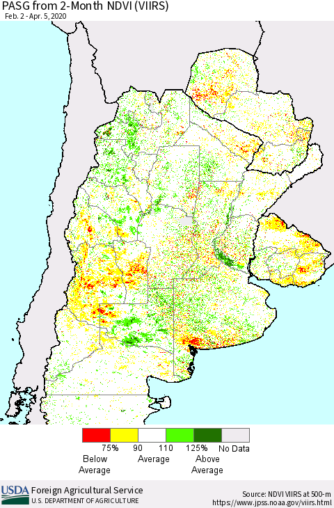 Southern South America PASG from 2-Month NDVI (VIIRS) Thematic Map For 4/1/2020 - 4/10/2020