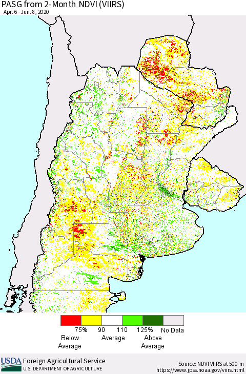 Southern South America PASG from 2-Month NDVI (VIIRS) Thematic Map For 6/1/2020 - 6/10/2020