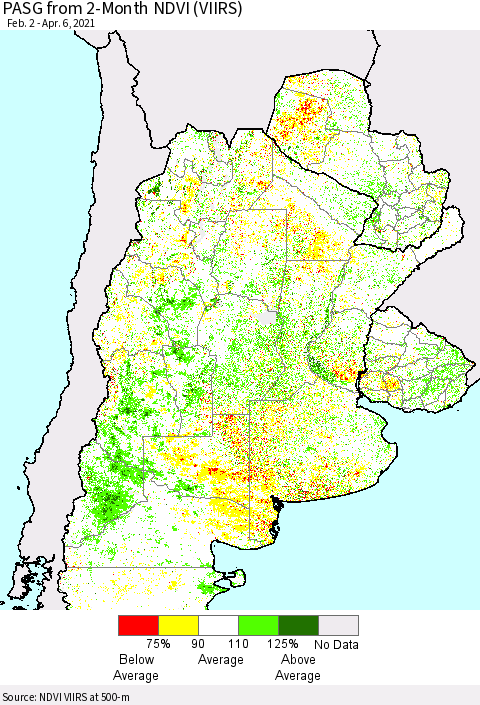 Southern South America PASG from 2-Month NDVI (VIIRS) Thematic Map For 3/30/2021 - 4/6/2021
