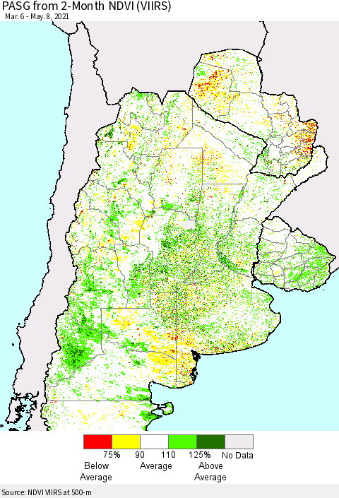Southern South America PASG from 2-Month NDVI (VIIRS) Thematic Map For 5/1/2021 - 5/8/2021