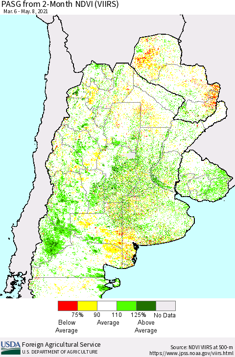 Southern South America PASG from 2-Month NDVI (VIIRS) Thematic Map For 5/1/2021 - 5/10/2021