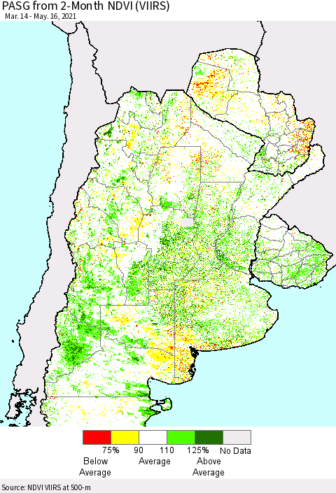 Southern South America PASG from 2-Month NDVI (VIIRS) Thematic Map For 5/9/2021 - 5/16/2021