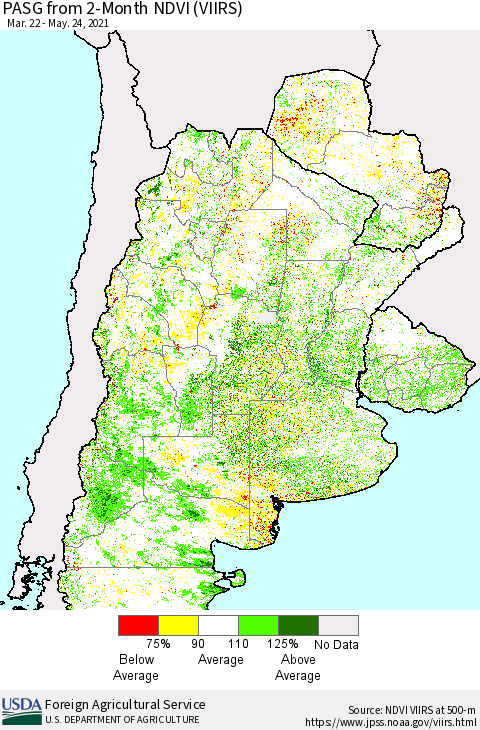 Southern South America PASG from 2-Month NDVI (VIIRS) Thematic Map For 5/21/2021 - 5/31/2021
