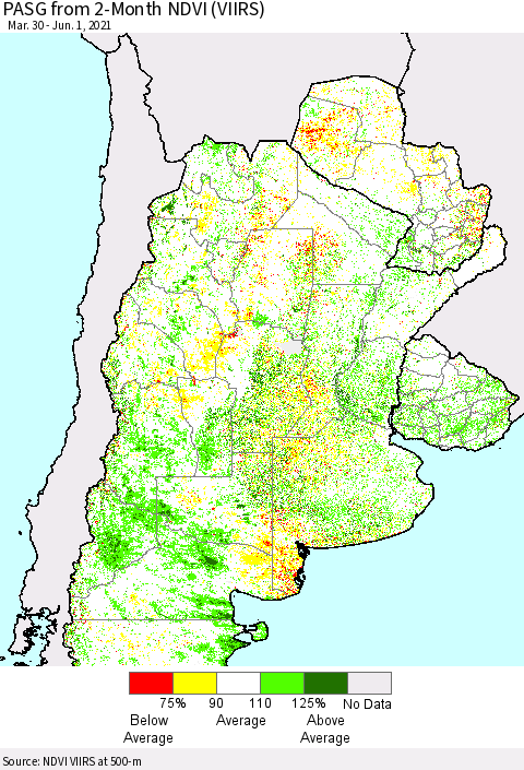 Southern South America PASG from 2-Month NDVI (VIIRS) Thematic Map For 5/25/2021 - 6/1/2021
