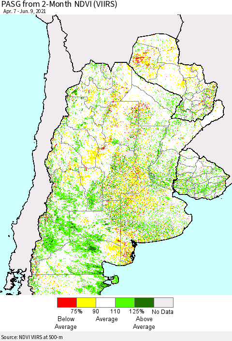 Southern South America PASG from 2-Month NDVI (VIIRS) Thematic Map For 6/2/2021 - 6/9/2021