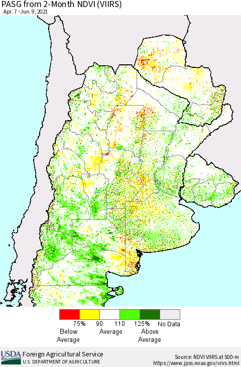 Southern South America PASG from 2-Month NDVI (VIIRS) Thematic Map For 6/1/2021 - 6/10/2021
