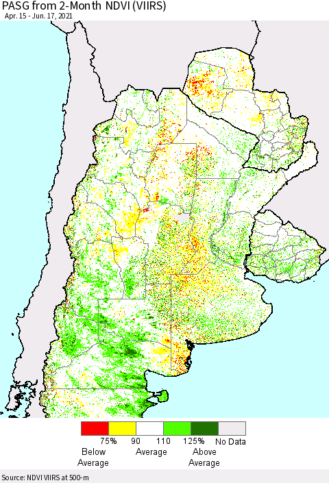 Southern South America PASG from 2-Month NDVI (VIIRS) Thematic Map For 6/10/2021 - 6/17/2021