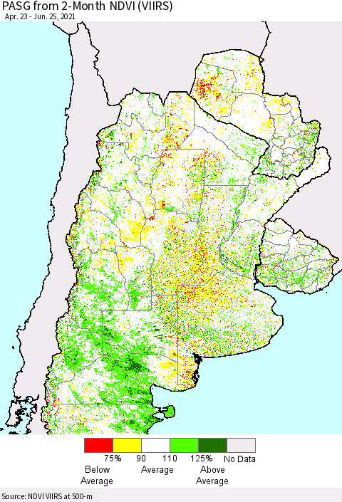 Southern South America PASG from 2-Month NDVI (VIIRS) Thematic Map For 6/18/2021 - 6/25/2021