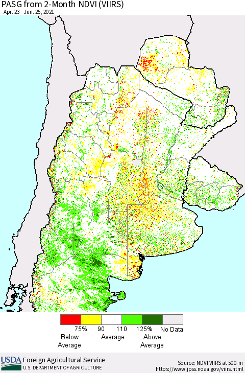 Southern South America PASG from 2-Month NDVI (VIIRS) Thematic Map For 6/21/2021 - 6/30/2021