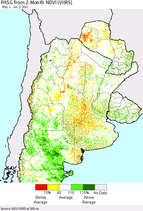 Southern South America PASG from 2-Month NDVI (VIIRS) Thematic Map For 6/26/2021 - 7/3/2021