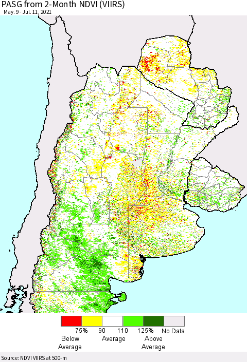 Southern South America PASG from 2-Month NDVI (VIIRS) Thematic Map For 7/4/2021 - 7/11/2021