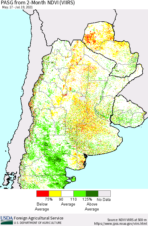 Southern South America PASG from 2-Month NDVI (VIIRS) Thematic Map For 7/11/2021 - 7/20/2021