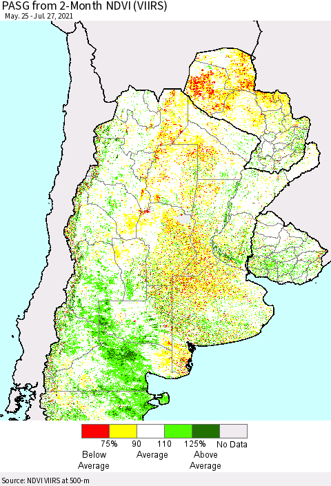 Southern South America PASG from 2-Month NDVI (VIIRS) Thematic Map For 7/20/2021 - 7/27/2021