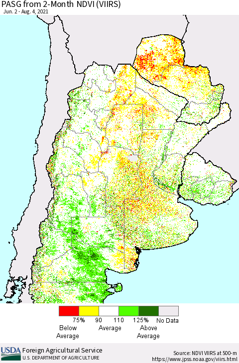 Southern South America PASG from 2-Month NDVI (VIIRS) Thematic Map For 8/1/2021 - 8/10/2021
