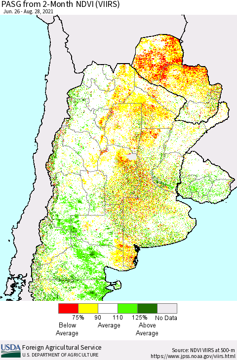 Southern South America PASG from 2-Month NDVI (VIIRS) Thematic Map For 8/21/2021 - 8/31/2021