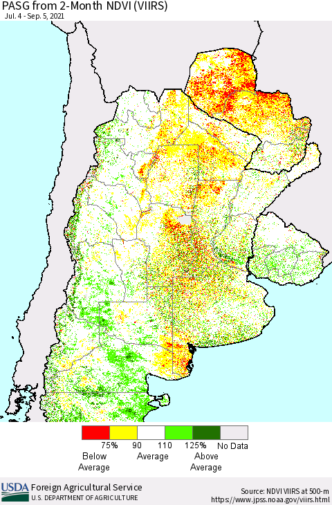 Southern South America PASG from 2-Month NDVI (VIIRS) Thematic Map For 9/1/2021 - 9/10/2021
