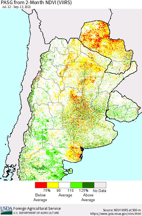 Southern South America PASG from 2-Month NDVI (VIIRS) Thematic Map For 9/11/2021 - 9/20/2021