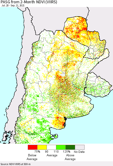 Southern South America PASG from 2-Month NDVI (VIIRS) Thematic Map For 9/14/2021 - 9/21/2021