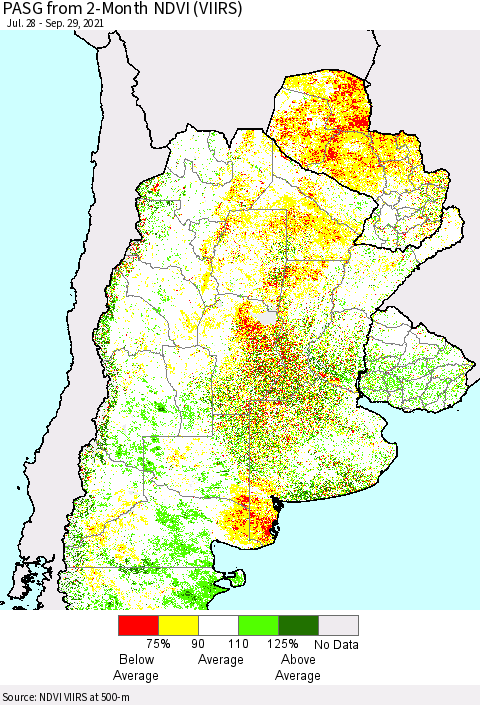Southern South America PASG from 2-Month NDVI (VIIRS) Thematic Map For 9/22/2021 - 9/29/2021