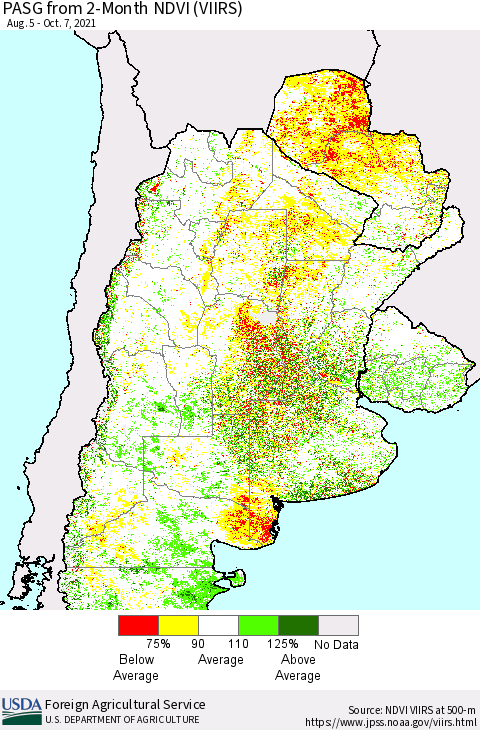 Southern South America PASG from 2-Month NDVI (VIIRS) Thematic Map For 10/1/2021 - 10/10/2021