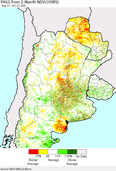 Southern South America PASG from 2-Month NDVI (VIIRS) Thematic Map For 10/8/2021 - 10/15/2021