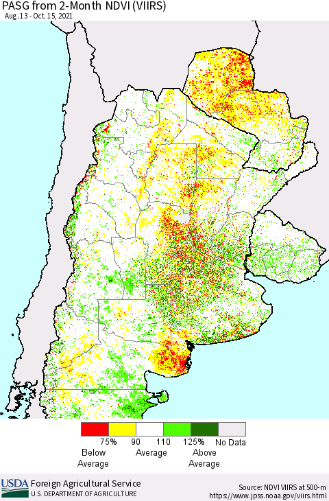 Southern South America PASG from 2-Month NDVI (VIIRS) Thematic Map For 10/11/2021 - 10/20/2021
