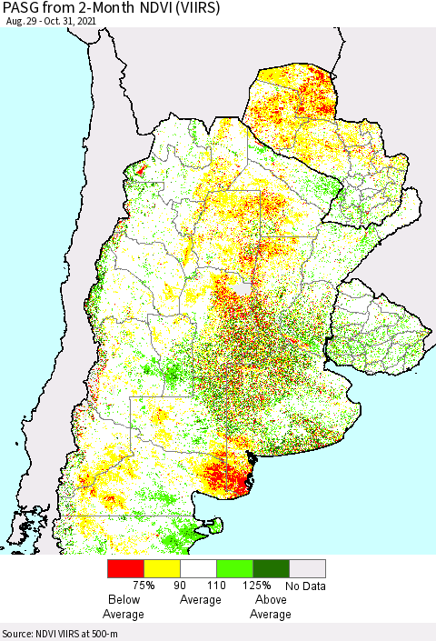Southern South America PASG from 2-Month NDVI (VIIRS) Thematic Map For 10/21/2021 - 10/31/2021