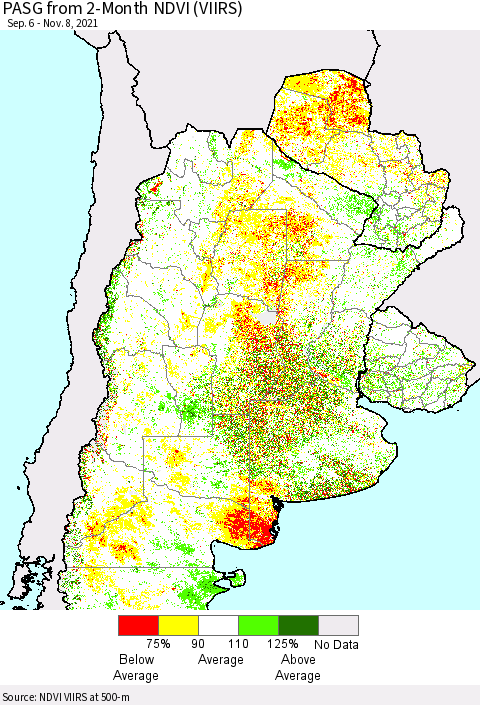 Southern South America PASG from 2-Month NDVI (VIIRS) Thematic Map For 11/1/2021 - 11/8/2021