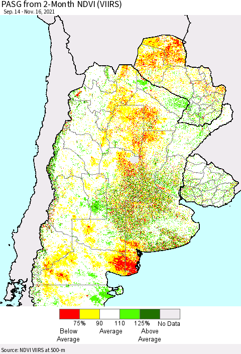 Southern South America PASG from 2-Month NDVI (VIIRS) Thematic Map For 11/9/2021 - 11/16/2021