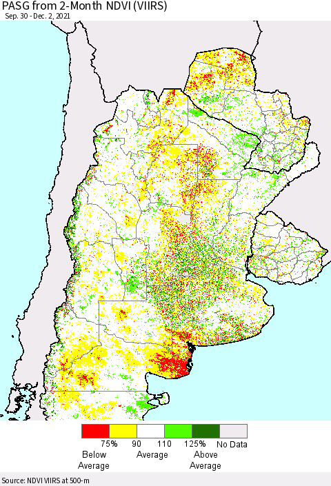 Southern South America PASG from 2-Month NDVI (VIIRS) Thematic Map For 11/25/2021 - 12/2/2021