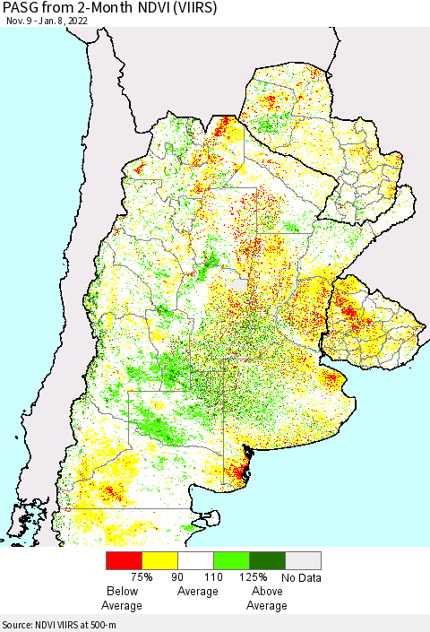 Southern South America PASG from 2-Month NDVI (VIIRS) Thematic Map For 1/1/2022 - 1/8/2022
