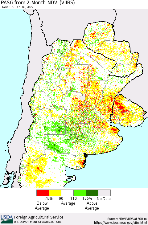 Southern South America PASG from 2-Month NDVI (VIIRS) Thematic Map For 1/11/2022 - 1/20/2022