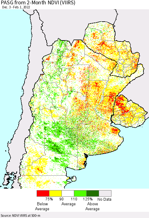 Southern South America PASG from 2-Month NDVI (VIIRS) Thematic Map For 1/25/2022 - 2/1/2022